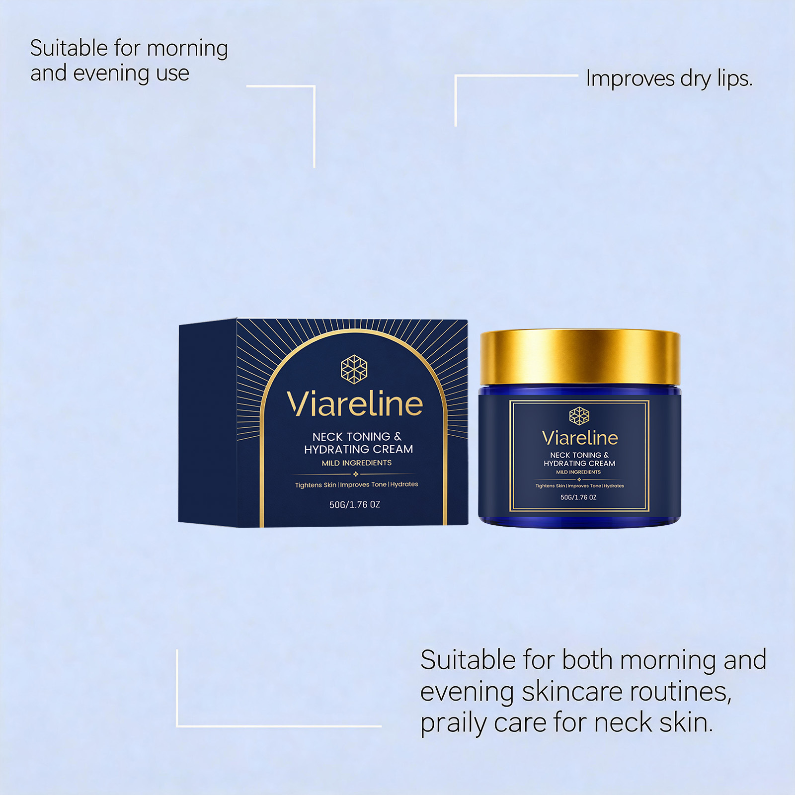 VIARELINE Neck Moisturizing Cream - Gentle formula for neck care, locks in moisture, brightens, smooths fine lines, and nourishes skin