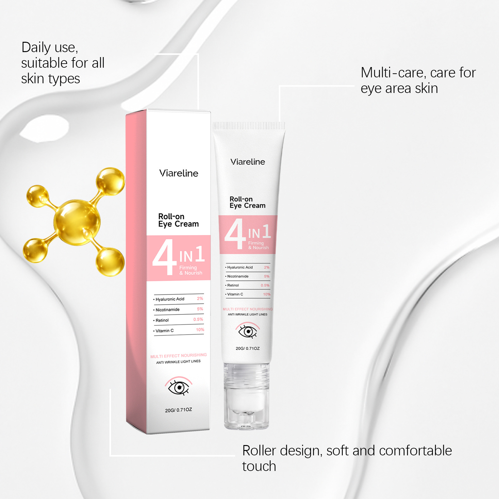 VIARELINE Roller Eye Cream gently cares for the skin around your eyes, lightweight, moisturizing, and comfortable for everyday use.