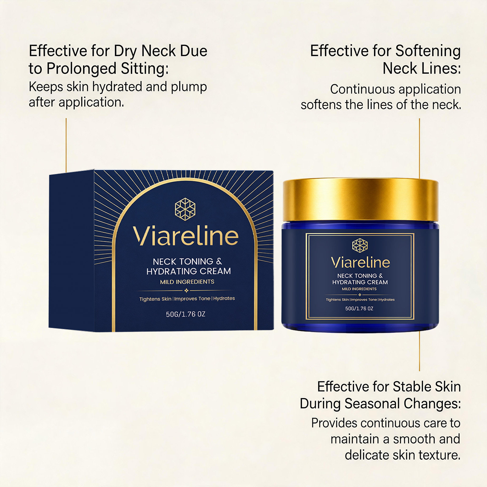 VIARELINE Neck Moisturizing Cream - Gentle formula for neck care, locks in moisture, brightens, smooths fine lines, and nourishes skin