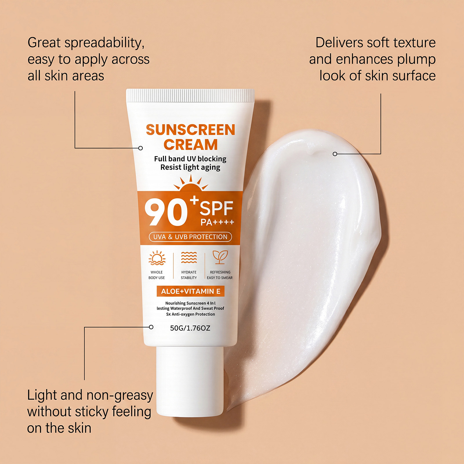 Moisturizing protective cream, lightweight and smooth texture for summer outdoor use, airy and refreshing, not greasy, glides over the skin