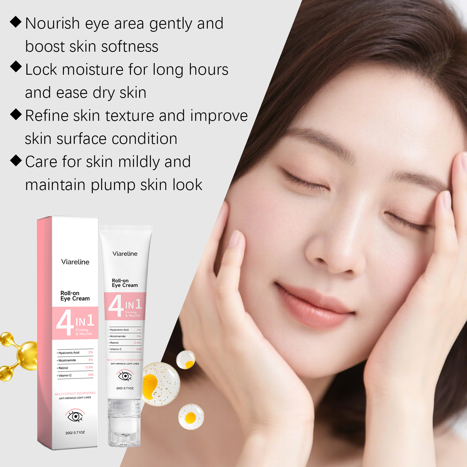VIARELINE Roller Eye Cream gently cares for the skin around your eyes, lightweight, moisturizing, and comfortable for everyday use.