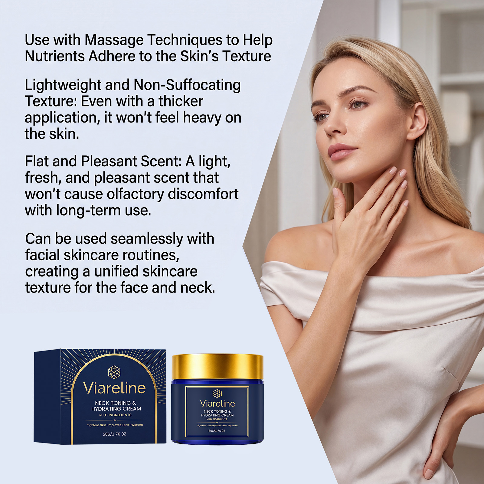 VIARELINE Neck Moisturizing Cream - Gentle formula for neck care, locks in moisture, brightens, smooths fine lines, and nourishes skin