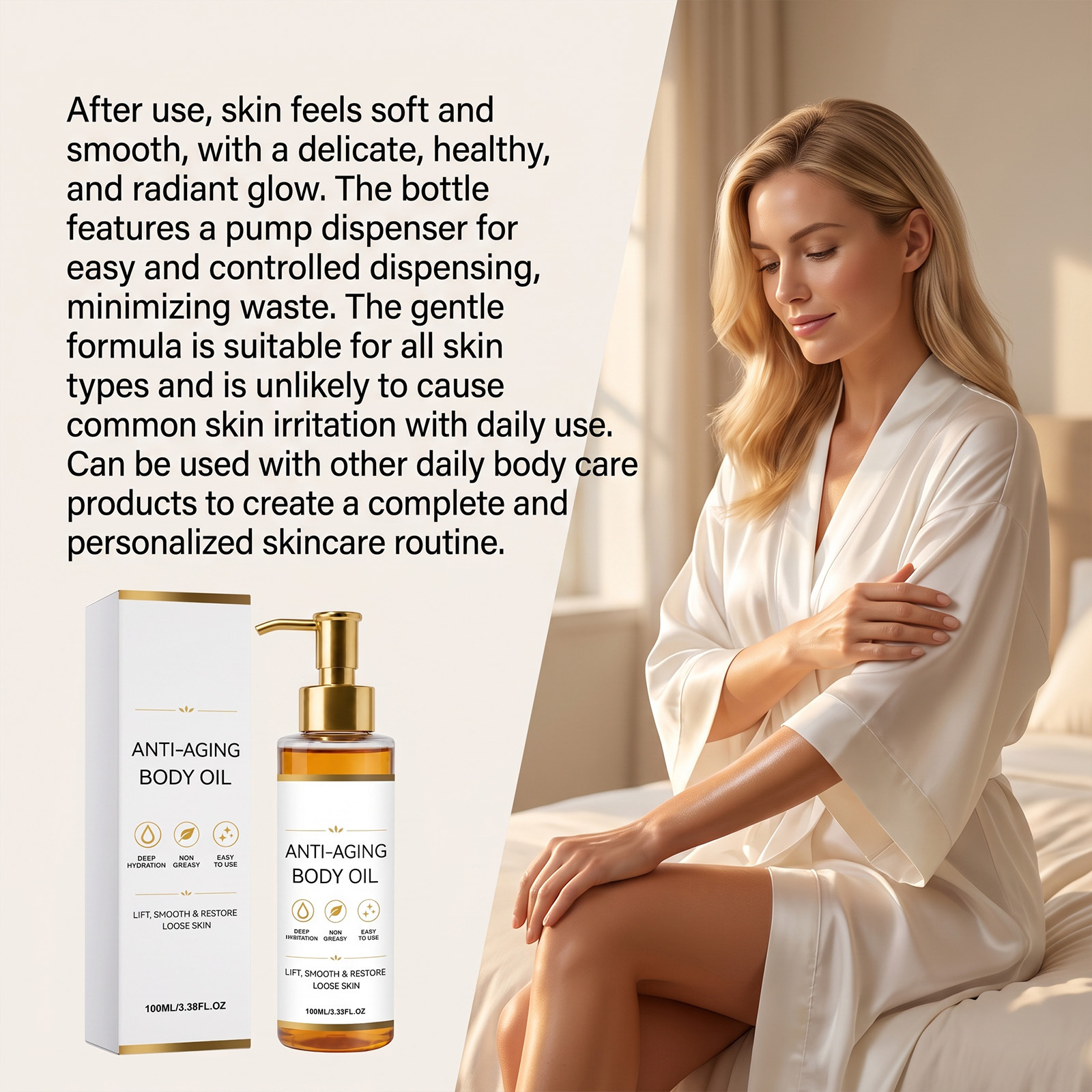 Shiny and lightweight body oil, moisturizes and nourishes the skin, makes it delicate, smooth, refreshing, glossy, locks in moisture, and absorbs easily.