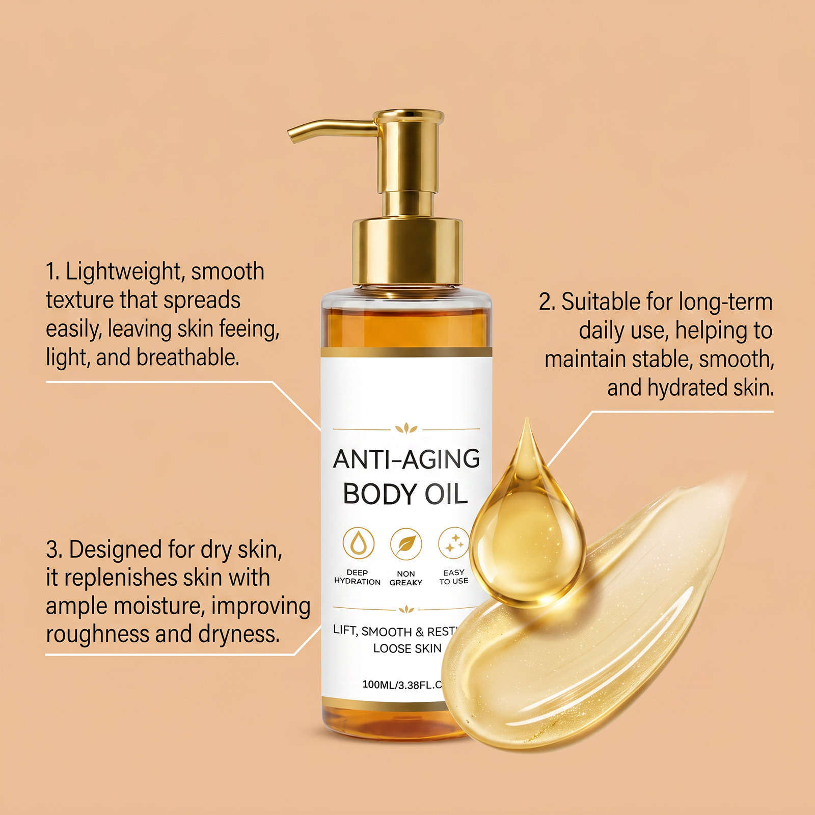 Shiny and lightweight body oil, moisturizes and nourishes the skin, makes it delicate, smooth, refreshing, glossy, locks in moisture, and absorbs easily.