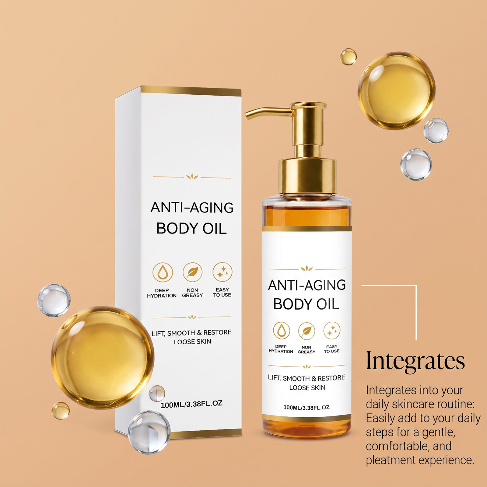 Shiny and lightweight body oil, moisturizes and nourishes the skin, makes it delicate, smooth, refreshing, glossy, locks in moisture, and absorbs easily.
