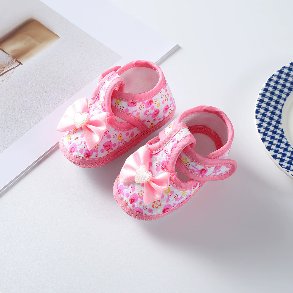 Baby Girls Flat Shoes, Soft Sole Bowknot Flower Print Non-slip Indoor Outdoor Toddler Shoes 0-12M