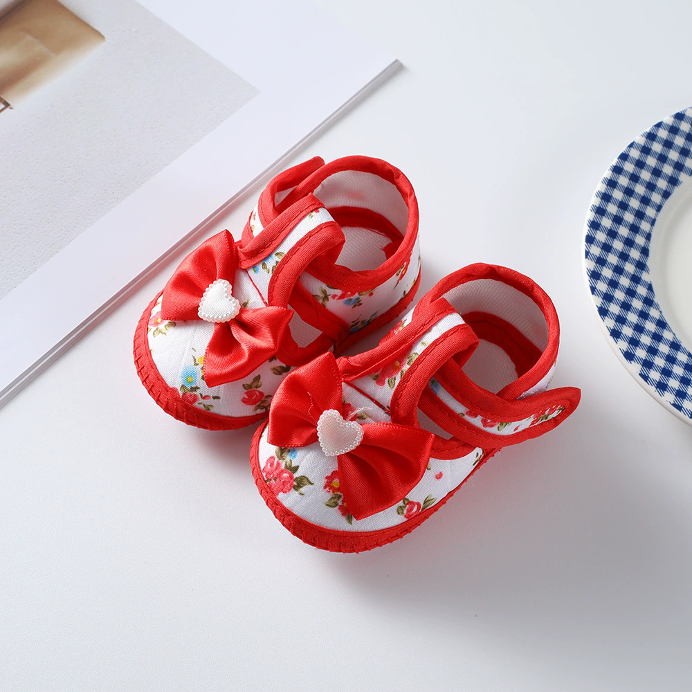Baby Girls Flat Shoes, Soft Sole Bowknot Flower Print Non-slip Indoor Outdoor Toddler Shoes 0-12M