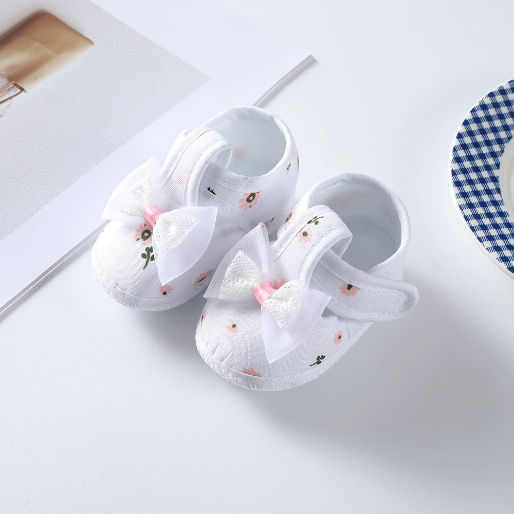 Baby Girls Flat Shoes, Soft Sole Bowknot Flower Print Non-slip Indoor Outdoor Toddler Shoes 0-12M