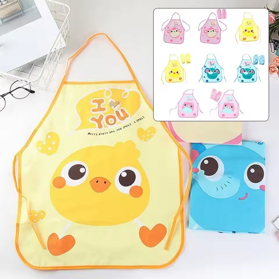 Children's Apron Sleeves Cartoon Waterproof Child Baby Thin Graffiti Art Bib Supplies Eating Summer Painting Style