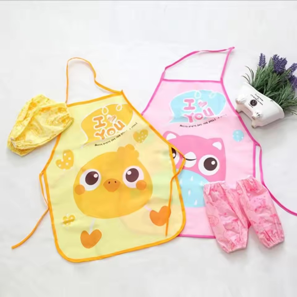 Children's Apron Sleeves Cartoon Waterproof Child Baby Thin Graffiti Art Bib Supplies Eating Summer Painting Style