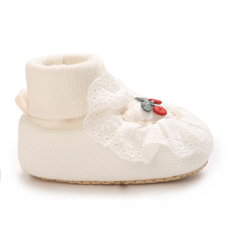 0-18M Soft Winter Non slip socks Baby Girl Little Cherry Winter Warm Shoes Solid Fashion Toddler Fuzzy First Walkers Kid Shoes