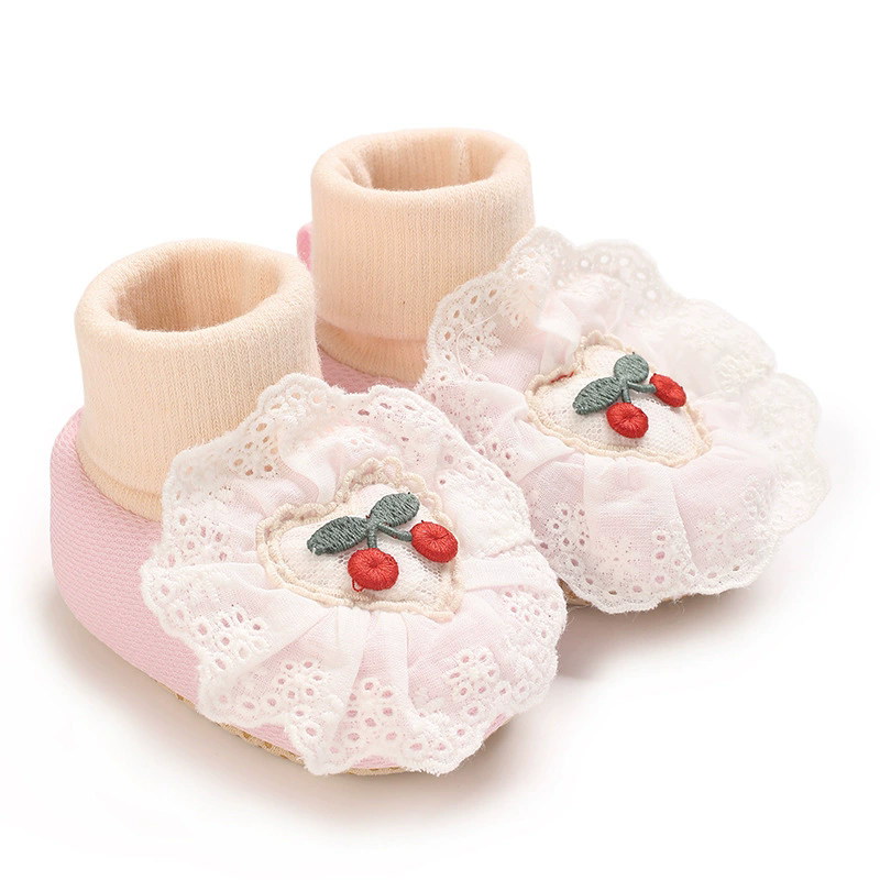 0-18M Soft Winter Non slip socks Baby Girl Little Cherry Winter Warm Shoes Solid Fashion Toddler Fuzzy First Walkers Kid Shoes