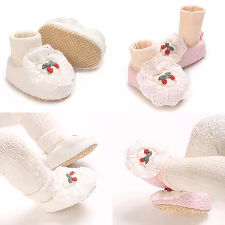 0-18M Soft Winter Non slip socks Baby Girl Little Cherry Winter Warm Shoes Solid Fashion Toddler Fuzzy First Walkers Kid Shoes