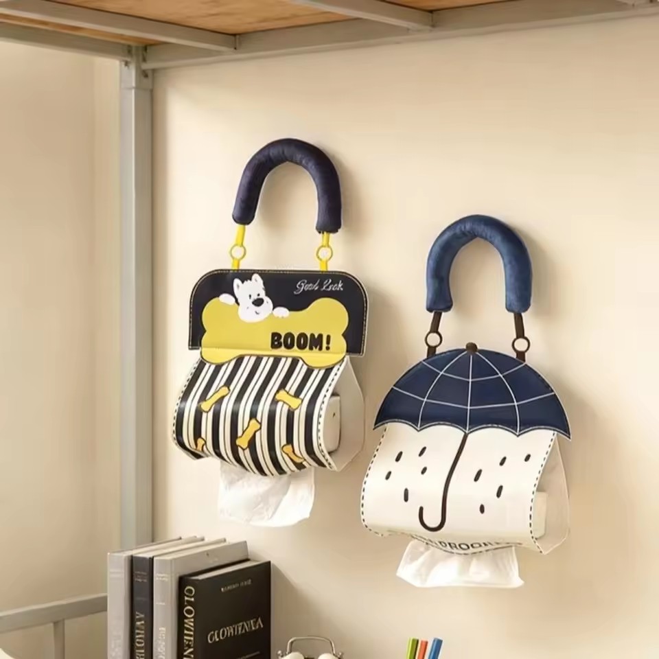 Cute Hanging Tissue Storage Bag Waterproof Wall Organizer Large Capacity Cartoon Tissue Holder Bathroom Kitchen Storage Pouch