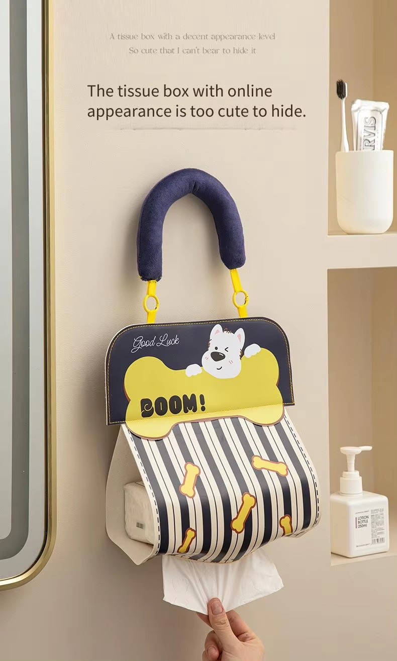 Cute Hanging Tissue Storage Bag Waterproof Wall Organizer Large Capacity Cartoon Tissue Holder Bathroom Kitchen Storage Pouch