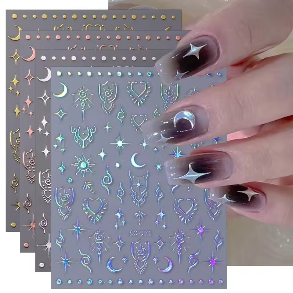1PC metal starry moon nail stickers for Ramadan, easy to apply for DIY nail decoration, gifts, party and wedding makeup styling