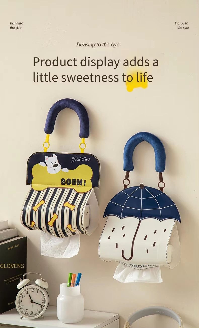 Cute Hanging Tissue Storage Bag Waterproof Wall Organizer Large Capacity Cartoon Tissue Holder Bathroom Kitchen Storage Pouch