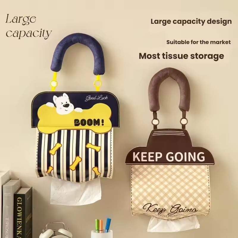 Cute Hanging Tissue Storage Bag Waterproof Wall Organizer Large Capacity Cartoon Tissue Holder Bathroom Kitchen Storage Pouch