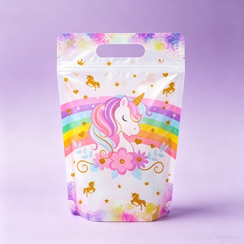 New Unicorn Bow Theme Handheld Zipper Bag for Birthday Parties Standing Self sealing Gift Bag Candy Bag