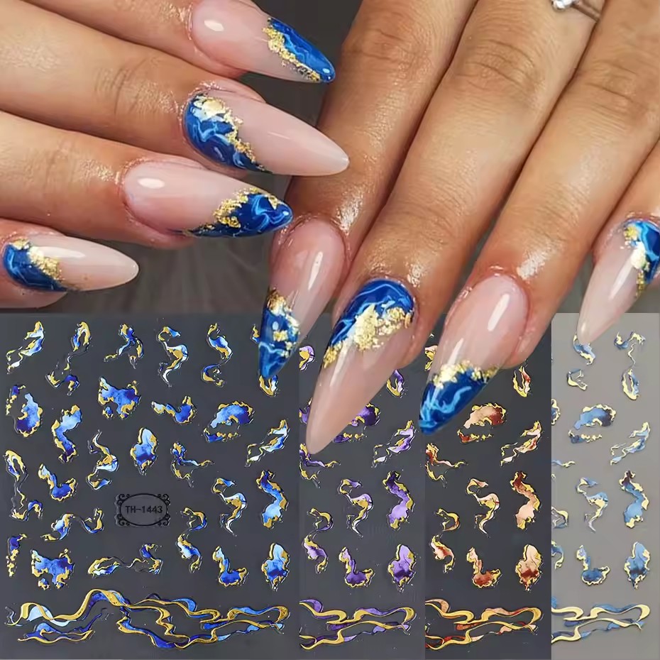 Gilding with Blooming Ink Nail Art Stickers 3D Metallic Wave Stripes Line Geometric Self-Adhesive Decals DIY manicure Decoration