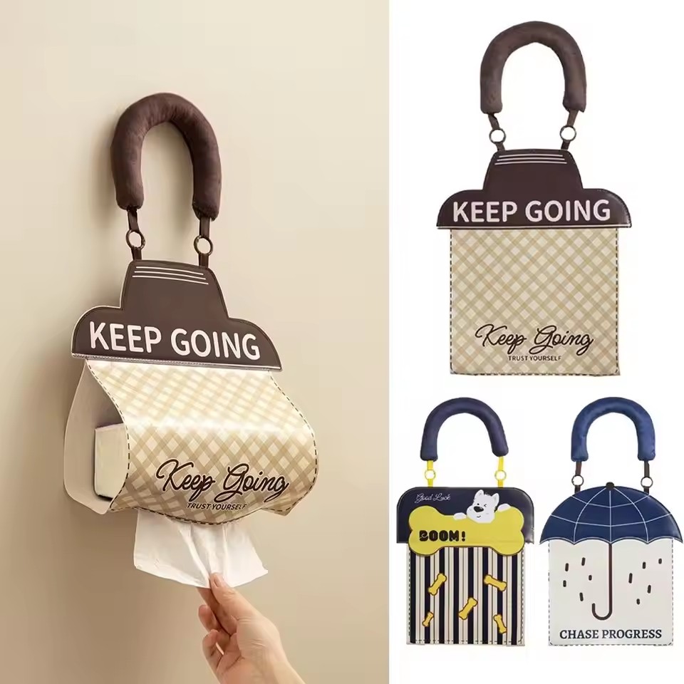 Cute Hanging Tissue Storage Bag Waterproof Wall Organizer Large Capacity Cartoon Tissue Holder Bathroom Kitchen Storage Pouch