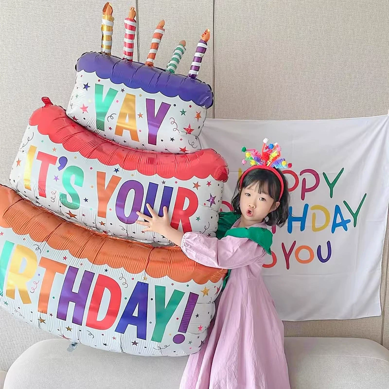 1PC  -Birthday Balloons Colorful Candles Three Tier Cake Aluminum Foil Balloons Birthday Party Decoration Supplies
