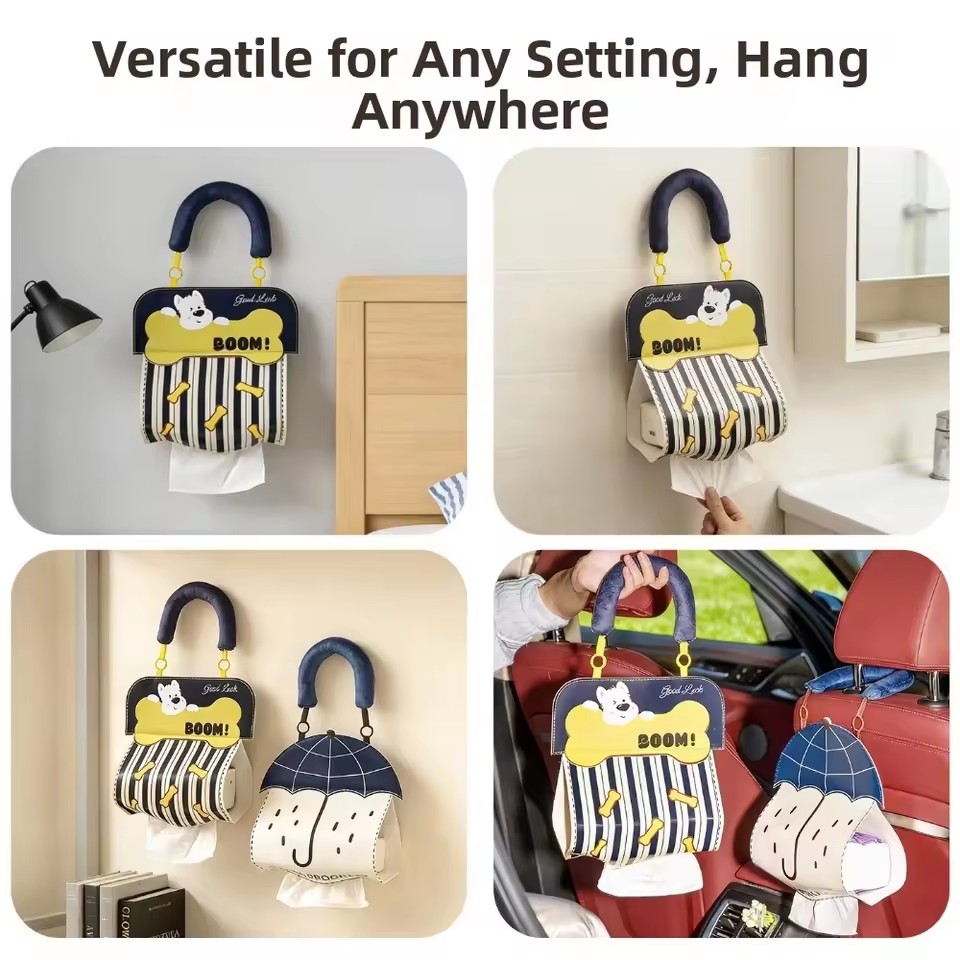 Cute Hanging Tissue Storage Bag Waterproof Wall Organizer Large Capacity Cartoon Tissue Holder Bathroom Kitchen Storage Pouch