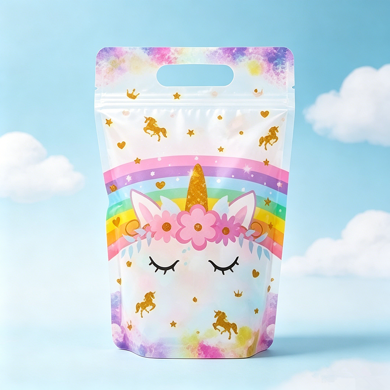 New Unicorn Bow Theme Handheld Zipper Bag for Birthday Parties Standing Self sealing Gift Bag Candy Bag