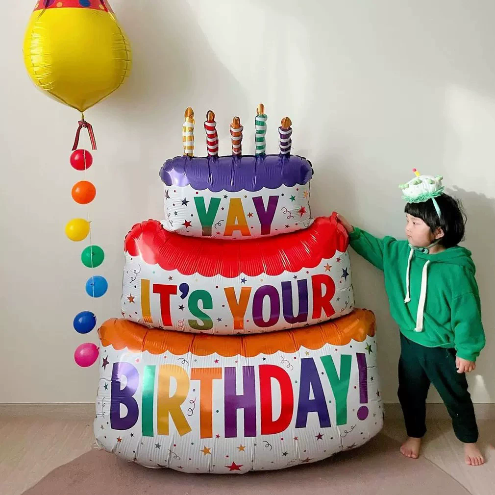 1PC  -Birthday Balloons Colorful Candles Three Tier Cake Aluminum Foil Balloons Birthday Party Decoration Supplies