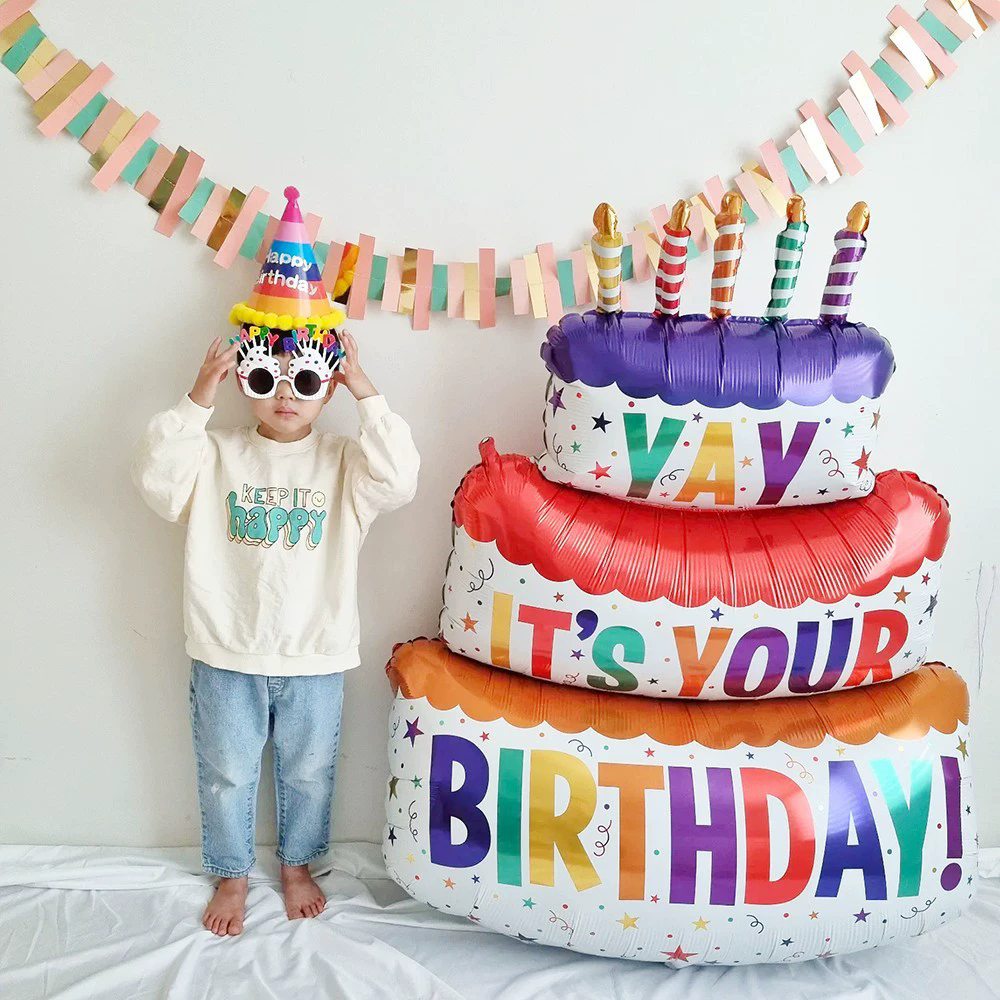 1PC  -Birthday Balloons Colorful Candles Three Tier Cake Aluminum Foil Balloons Birthday Party Decoration Supplies