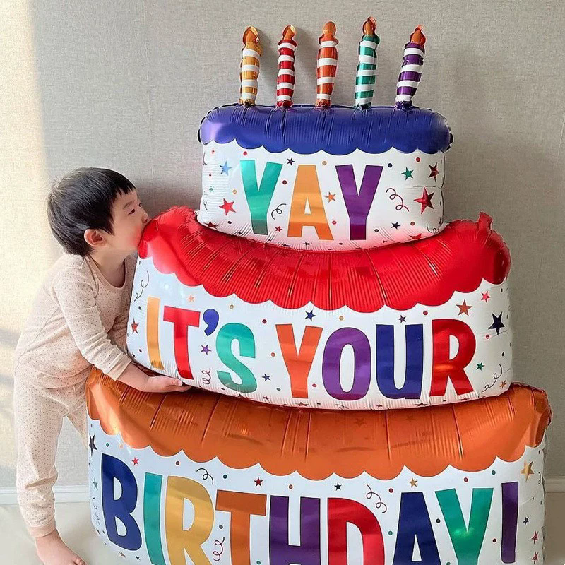 1PC  -Birthday Balloons Colorful Candles Three Tier Cake Aluminum Foil Balloons Birthday Party Decoration Supplies