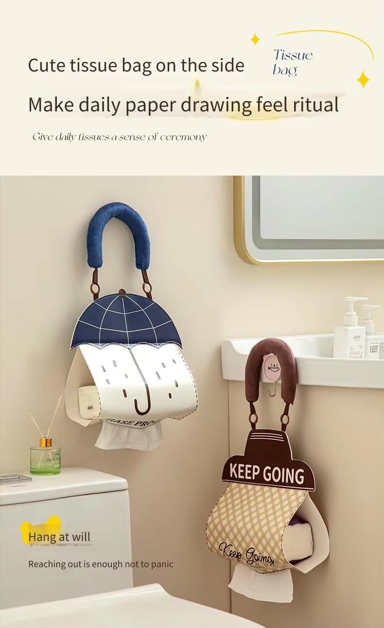 Cute Hanging Tissue Storage Bag Waterproof Wall Organizer Large Capacity Cartoon Tissue Holder Bathroom Kitchen Storage Pouch