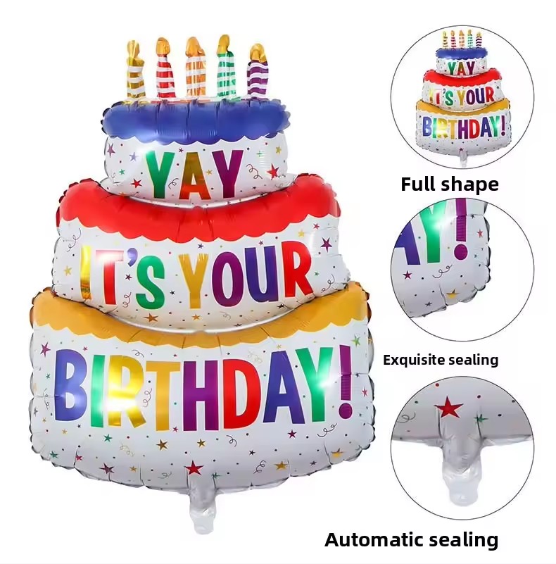 1PC  -Birthday Balloons Colorful Candles Three Tier Cake Aluminum Foil Balloons Birthday Party Decoration Supplies