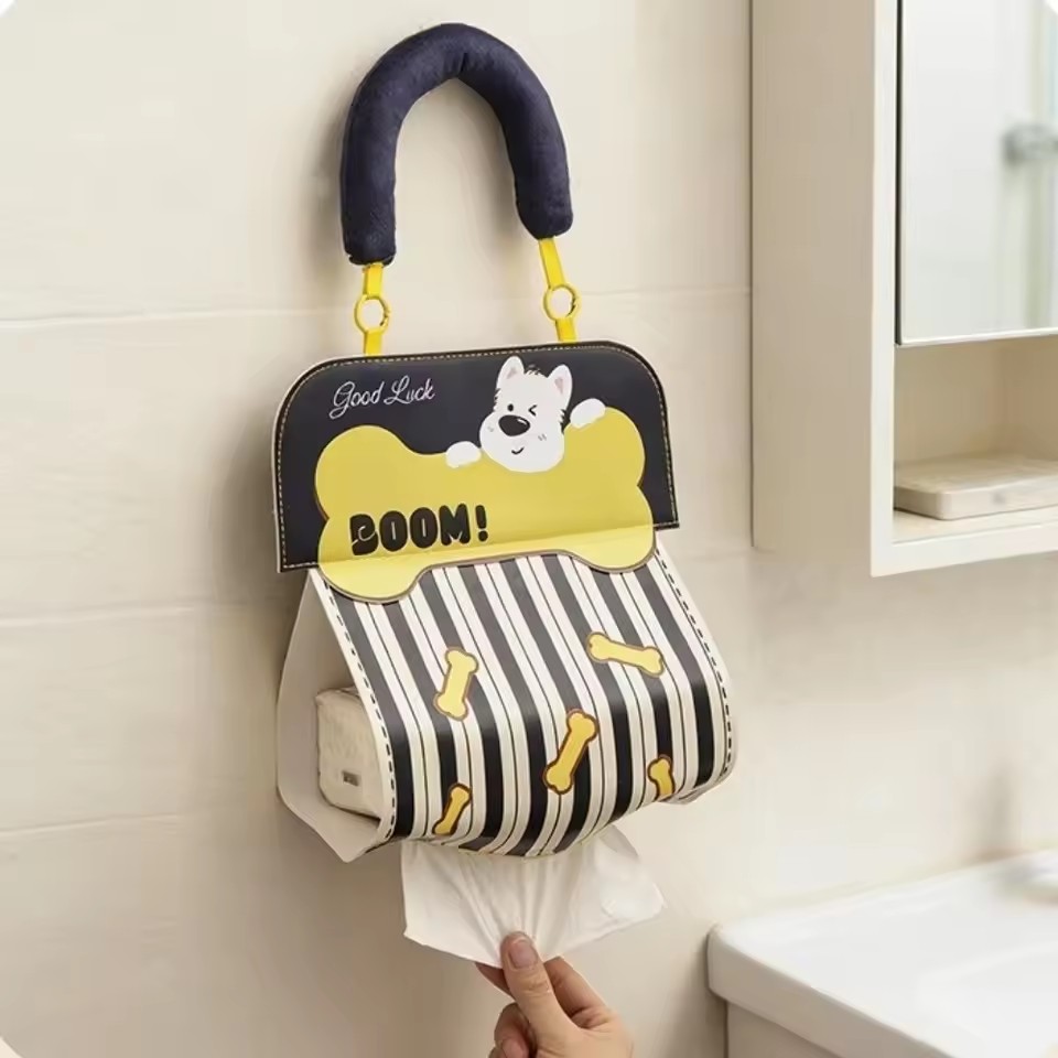 Cute Hanging Tissue Storage Bag Waterproof Wall Organizer Large Capacity Cartoon Tissue Holder Bathroom Kitchen Storage Pouch