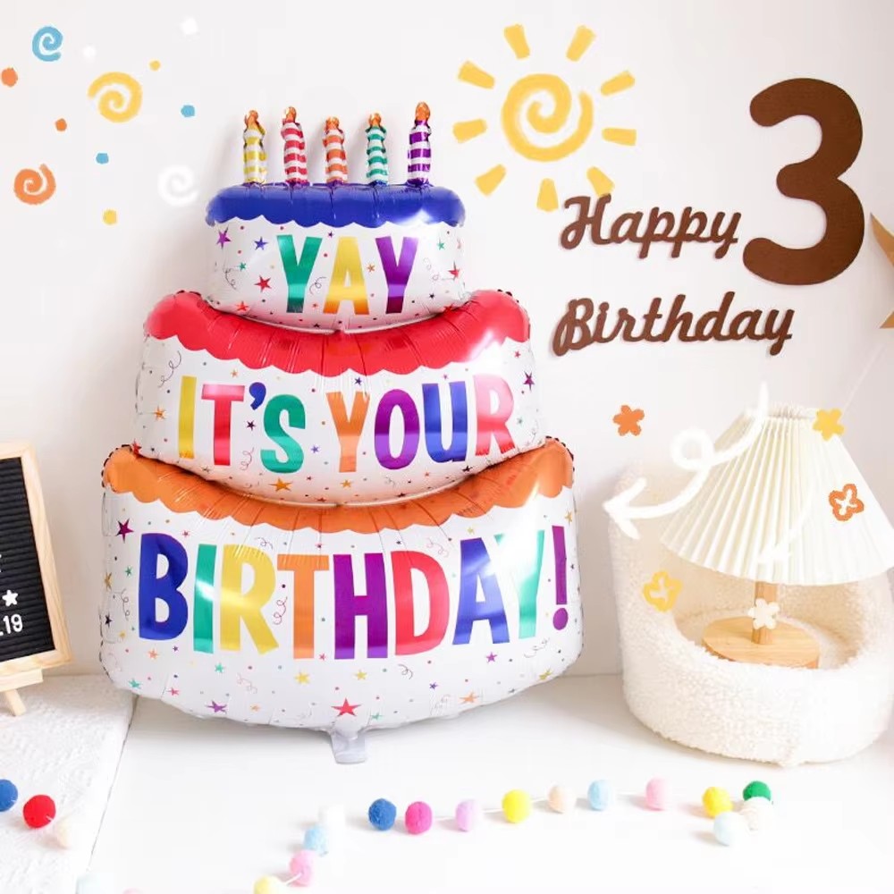 1PC  -Birthday Balloons Colorful Candles Three Tier Cake Aluminum Foil Balloons Birthday Party Decoration Supplies