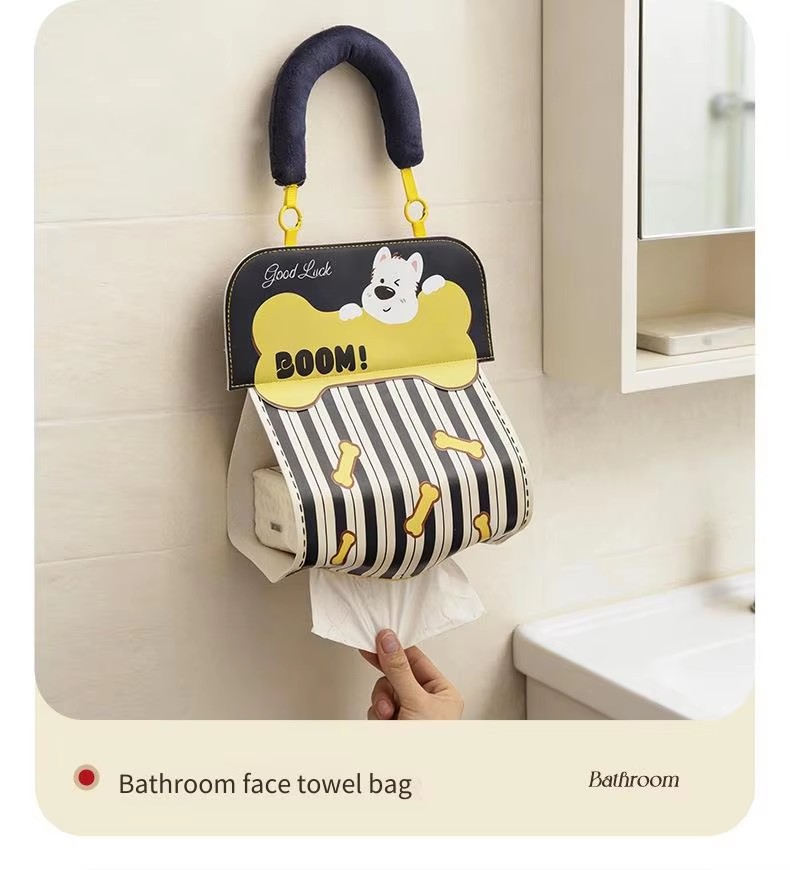 Cute Hanging Tissue Storage Bag Waterproof Wall Organizer Large Capacity Cartoon Tissue Holder Bathroom Kitchen Storage Pouch