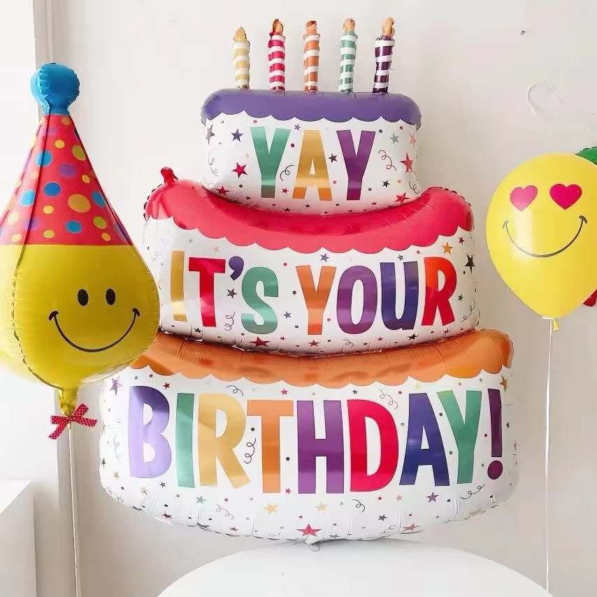 1PC  -Birthday Balloons Colorful Candles Three Tier Cake Aluminum Foil Balloons Birthday Party Decoration Supplies