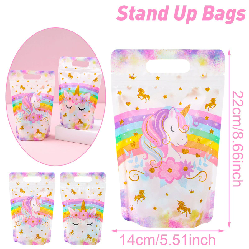New Unicorn Bow Theme Handheld Zipper Bag for Birthday Parties Standing Self sealing Gift Bag Candy Bag