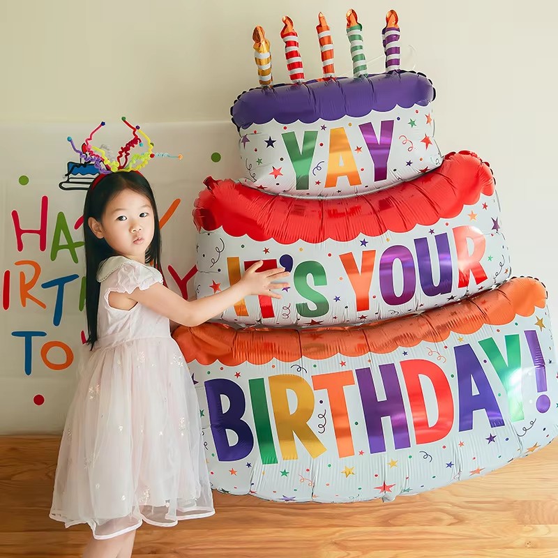 1PC  -Birthday Balloons Colorful Candles Three Tier Cake Aluminum Foil Balloons Birthday Party Decoration Supplies