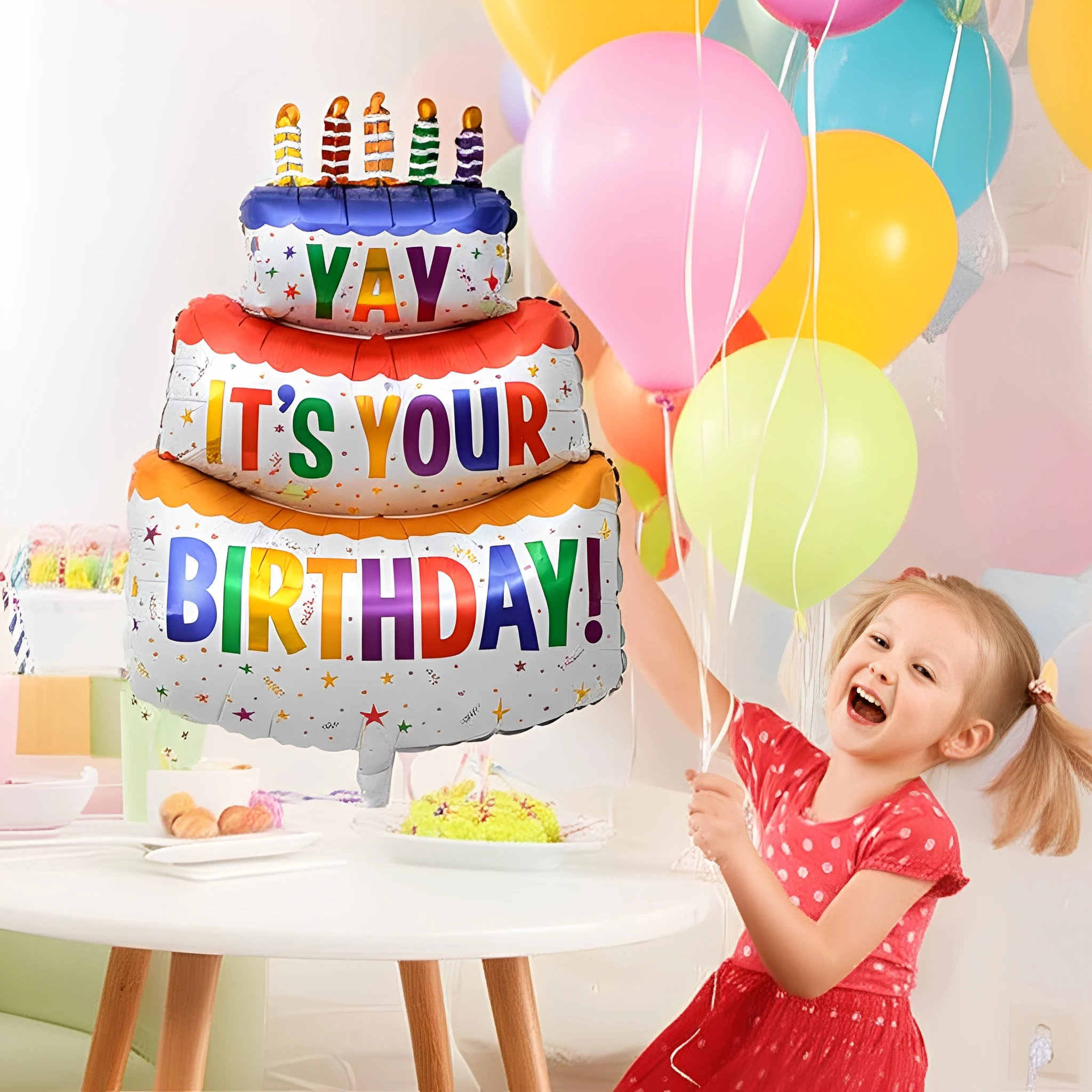 1PC  -Birthday Balloons Colorful Candles Three Tier Cake Aluminum Foil Balloons Birthday Party Decoration Supplies