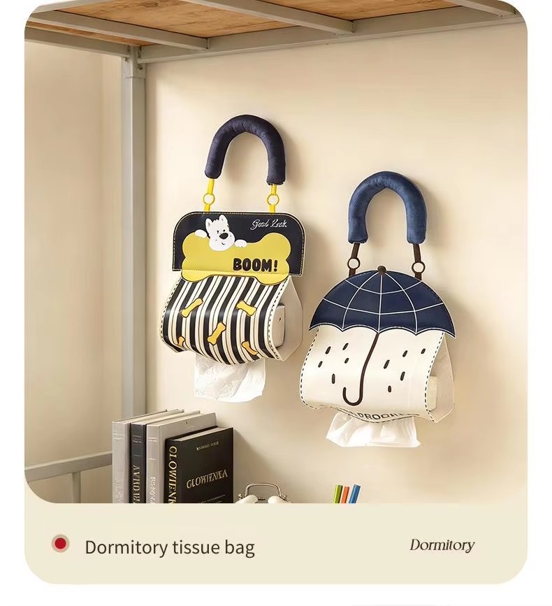 Cute Hanging Tissue Storage Bag Waterproof Wall Organizer Large Capacity Cartoon Tissue Holder Bathroom Kitchen Storage Pouch