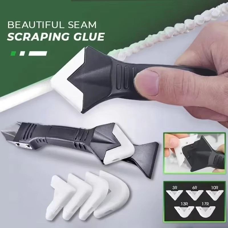 Silicone Scraper Squeegee Glue Remover Knife Caulking Angle Beauty Crack Trowel Tool Grout Scraper Kit with 5pcs Scraper Head