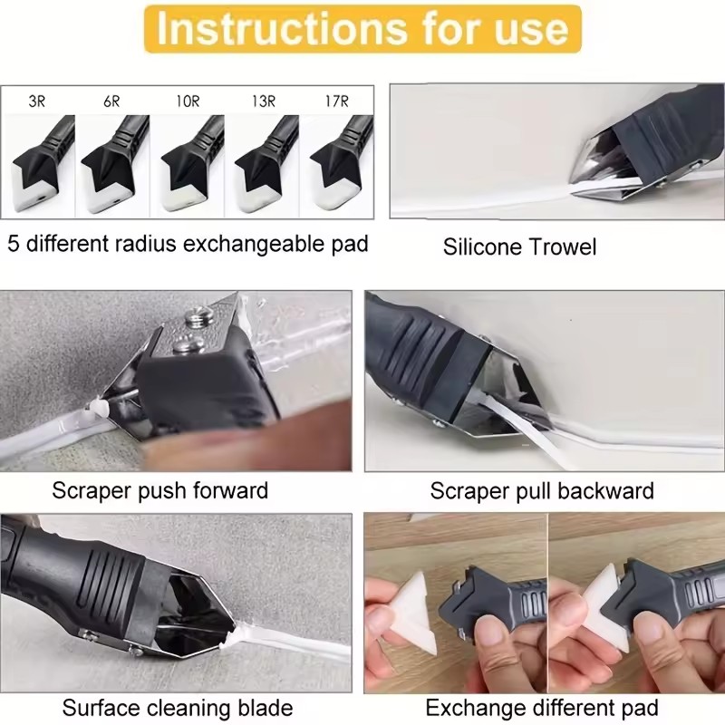 Silicone Scraper Squeegee Glue Remover Knife Caulking Angle Beauty Crack Trowel Tool Grout Scraper Kit with 5pcs Scraper Head