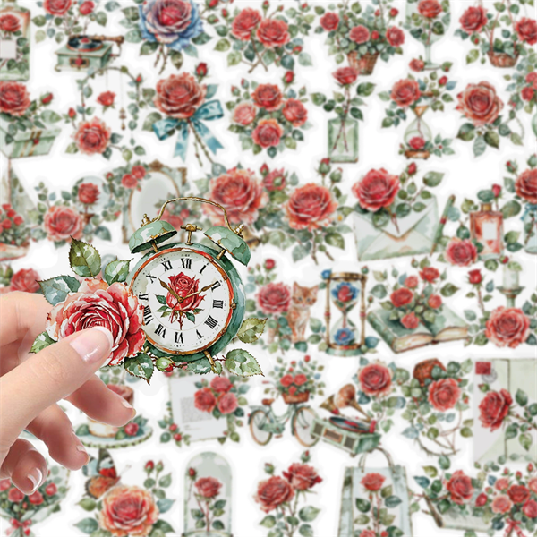56PCS  New Rose Transparent PET Stickers, Retro Romantic Rose Handbag, Luggage Decoration Materia