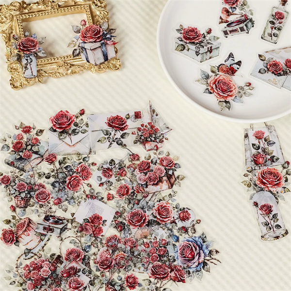 56PCS  New Rose Transparent PET Stickers, Retro Romantic Rose Handbag, Luggage Decoration Materia