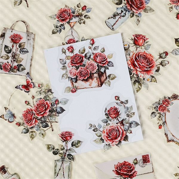 56PCS  New Rose Transparent PET Stickers, Retro Romantic Rose Handbag, Luggage Decoration Materia