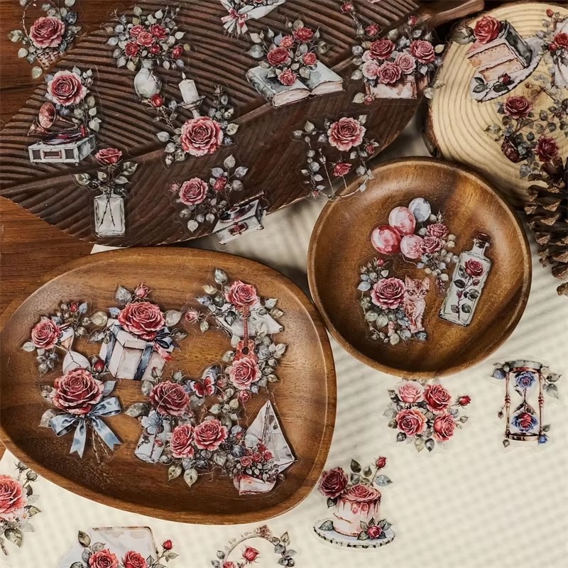 56PCS  New Rose Transparent PET Stickers, Retro Romantic Rose Handbag, Luggage Decoration Materia