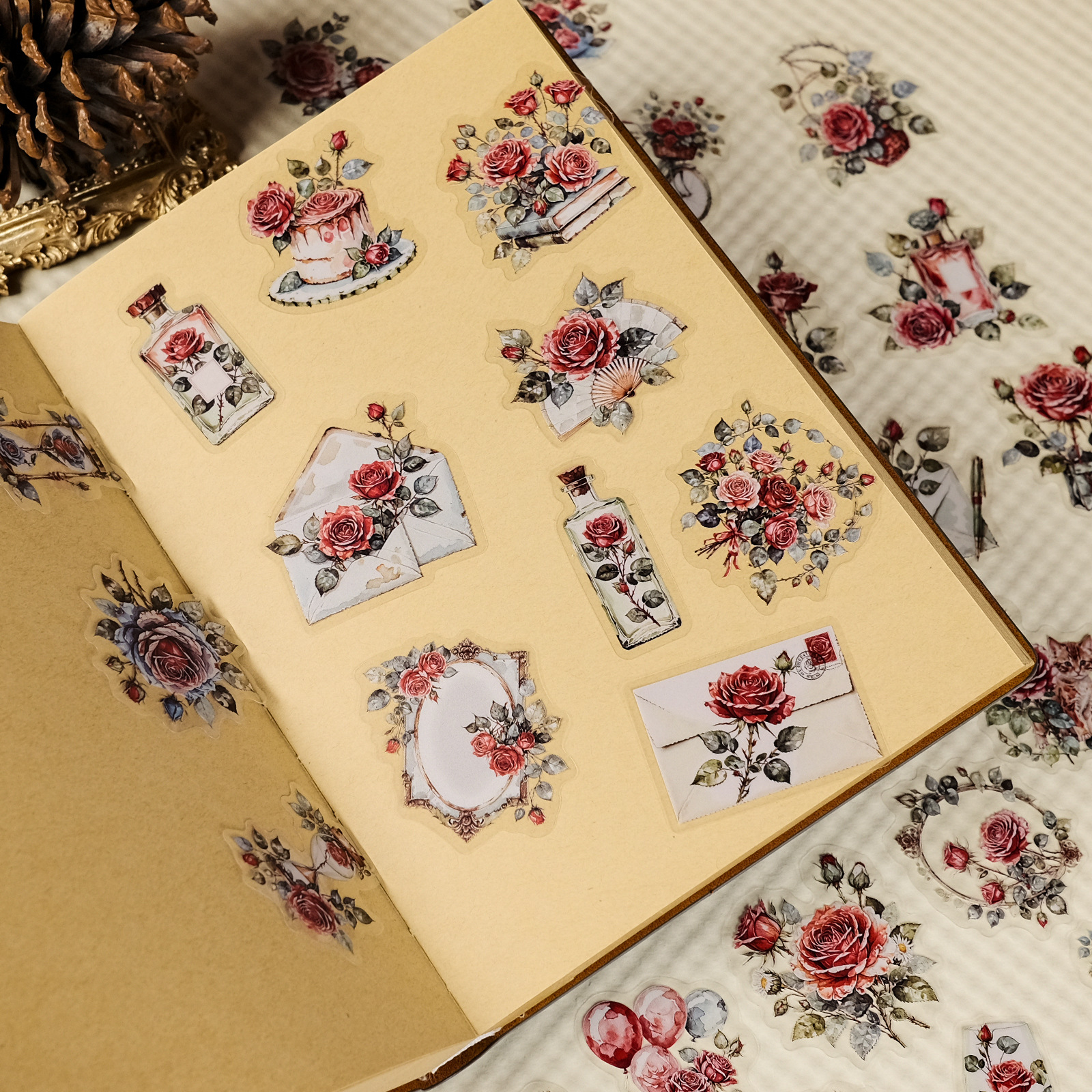 56PCS  New Rose Transparent PET Stickers, Retro Romantic Rose Handbag, Luggage Decoration Materia