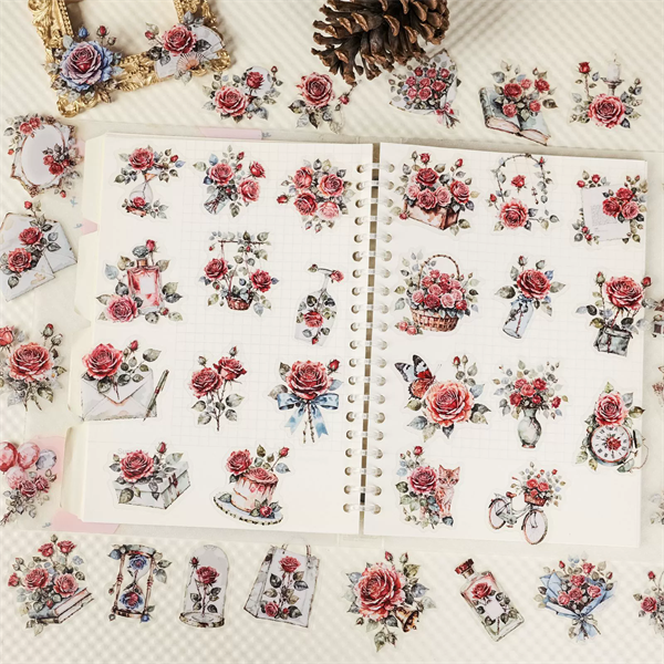 56PCS  New Rose Transparent PET Stickers, Retro Romantic Rose Handbag, Luggage Decoration Materia