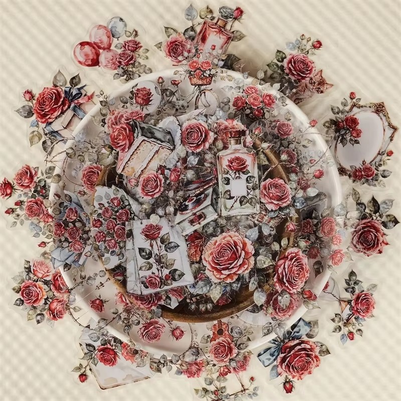 56PCS  New Rose Transparent PET Stickers, Retro Romantic Rose Handbag, Luggage Decoration Materia